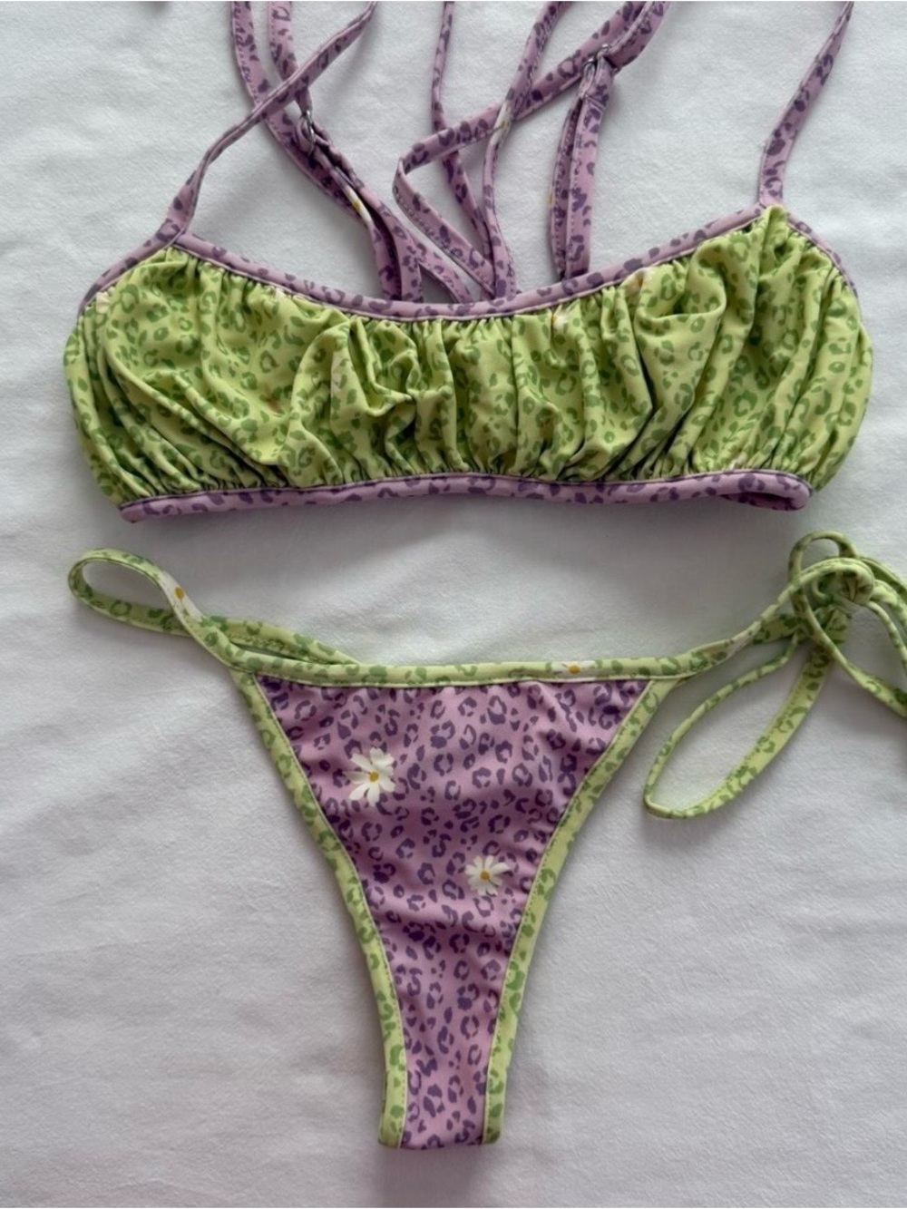 For Love & Lemons Green and Lavender Leopard Print Bikini Size XS